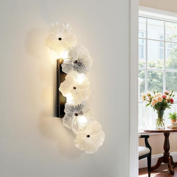21 in. 4 Light Modern Black Wall Sconces Adjustable G9 Base Vanity Light Fixture For Bedroom with 5 Glass Flower Decor
