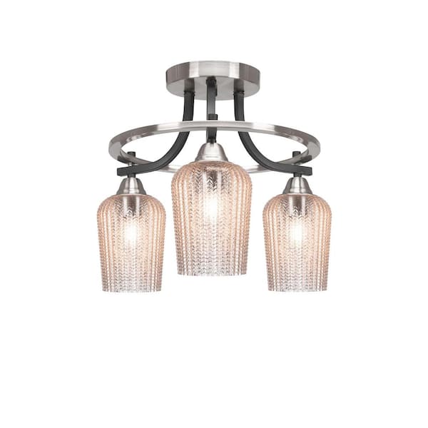 Unbranded Madison 15 in. 3-Light Matte Black and Brushed Nickel Semi-Flush Mount with Silver Textured Glass Shade
