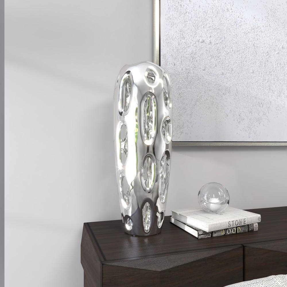 Elegant Silver Ceramic Cylinder Vase for Modern Decor, 21"