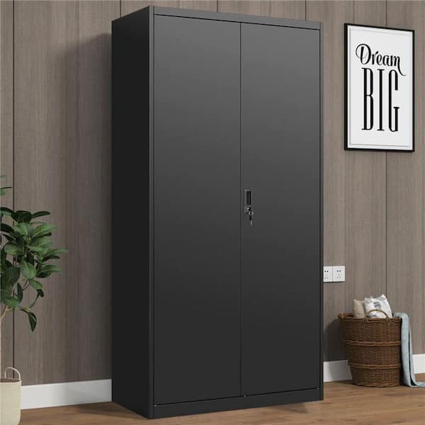 Adrienne Black 70.87 in. H Metal Large Storage Cabinet with Hanging Rod, Compartments, Lockable Closet, Locks and Keys