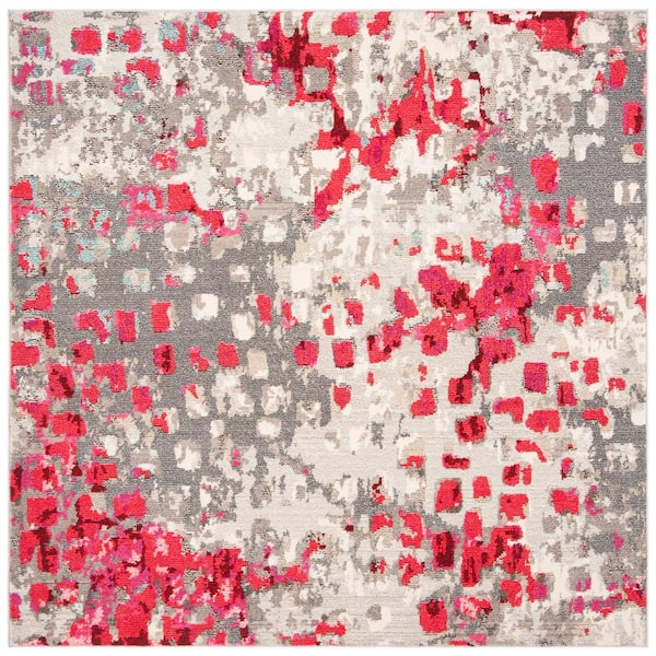 SAFAVIEH Madison Gray/Red 7 ft. x 7 ft. Square Geometric Area Rug