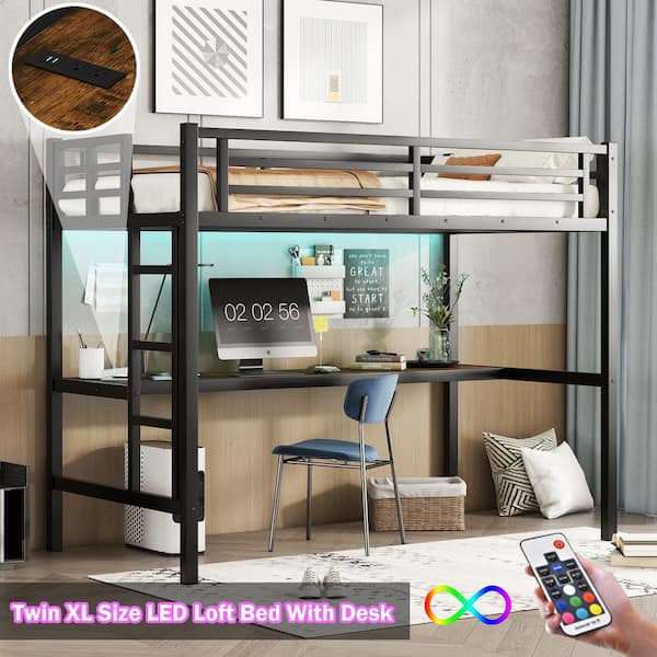 URTR Black Twin XL Size Loft Bed with Desk and LED Light Modern Metal Loft Bed with Guardrails and Ladder Loft Bed for Kids