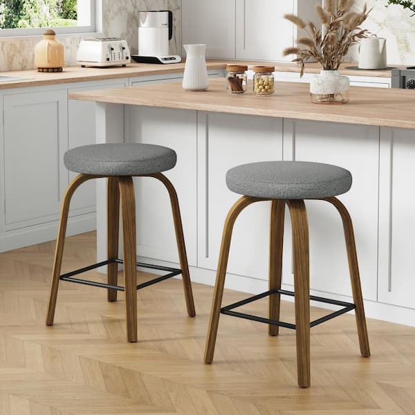 25.59 in. H Gray Swivel Solid Wood Bar Stool with Fabric Upholstered Seat for Kitchen Island