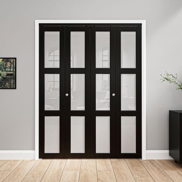 ARK DESIGN 60 in. x 80 in. 3-Lite Tempered Frosted Glass Solid Core Dark Black MDF Bi-Fold Door with Hardware Kit