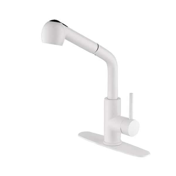 Lukvuzo Single Handle Pull Out Sprayer Kitchen Faucet Deckplate Included in White Finish