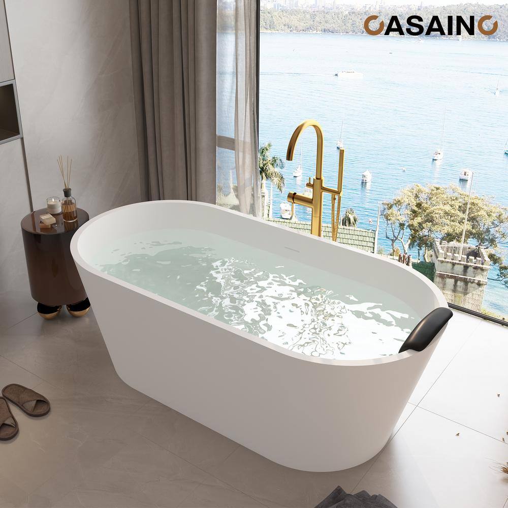 67" White Solid Surface Freestanding Soaking Tub with Black Pillow