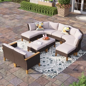 Brown Rattan Wicker 11 Seat 11-Piece Steel Patio Outdoor Sectional Set with Beige Cushions