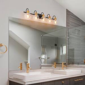 35.5 in. 5-Light Aged Brass Vanity Light with Black Linear Frame and Modern Clear Glass Globes