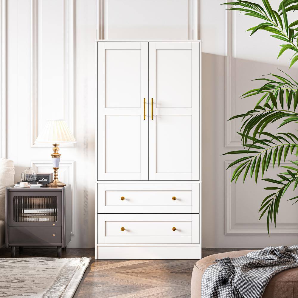 White Shaker Style Two-Door Armoire with Gold Handles