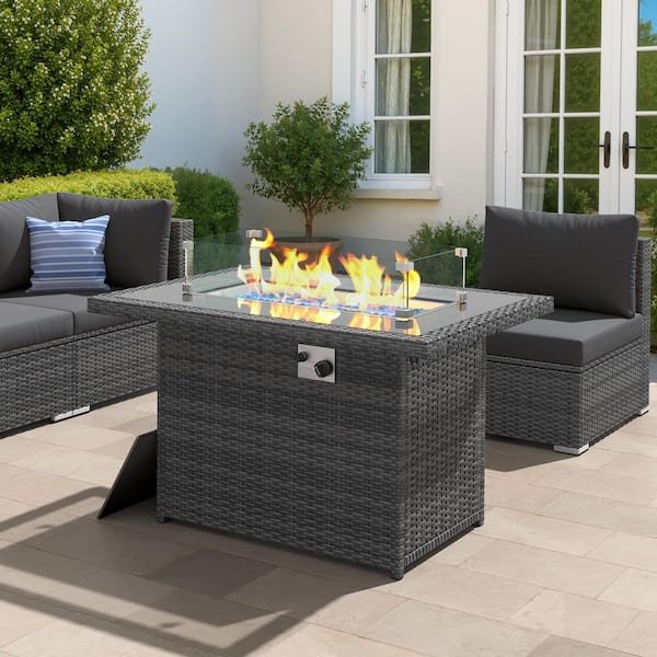 Unbranded Gray 43 in. Wicker Rectangular Outdoor Gas Fire Pit Table with 60000 BTU Propane Natural Gas, Glass Wind Guard and Cover