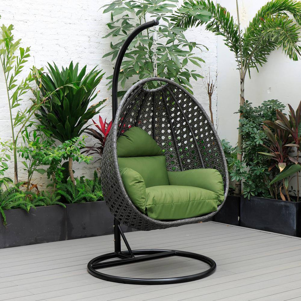 Charcoal Wicker Hanging Egg Chair with Dark Green Cushions