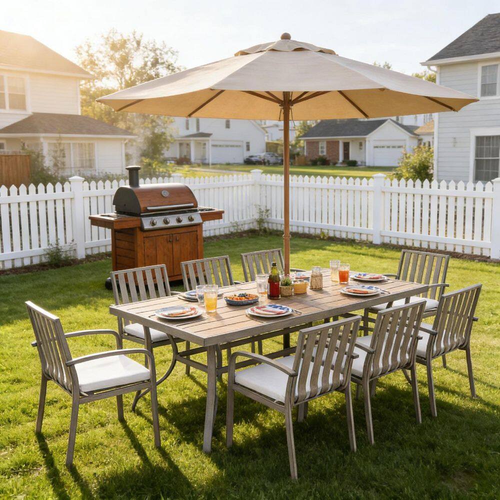 Limed Oak 9-Piece Aluminum Patio Dining Set Outdoor Dining Set with Gray Cushions and Umbrella Hole price history on PriceWatchPro