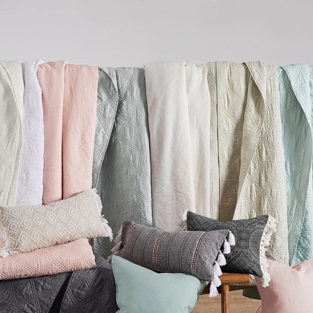 Cream Linen Front Cotton Back Quilted Throw Blanket
