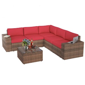6-Piece Rattan Wicker Steel Patio Outdoor Sectional Set and Coffee Table with Red Cushions and Set Covers
