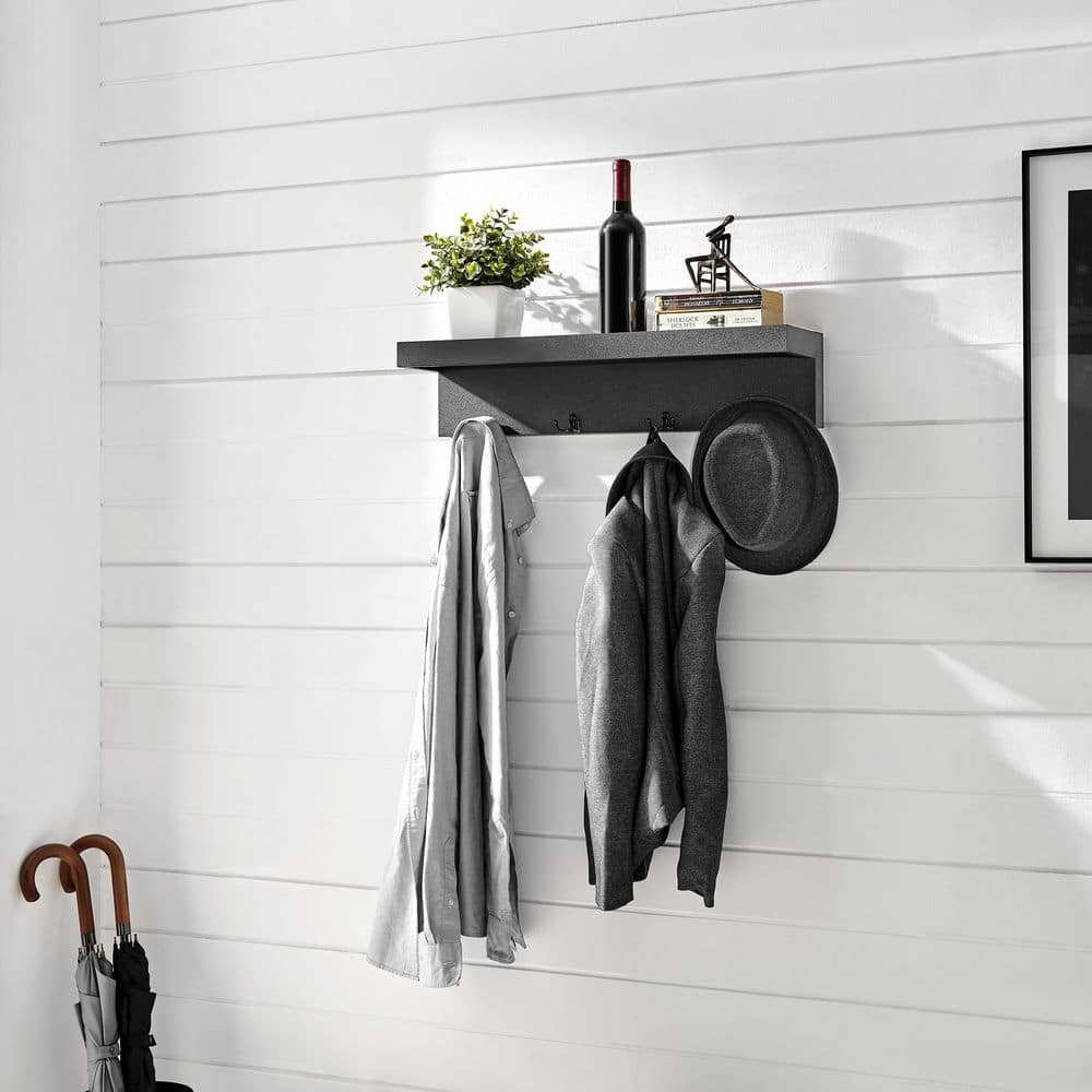 Black Wall Mounted Entryway Coat Rack with Shelf and Hooks