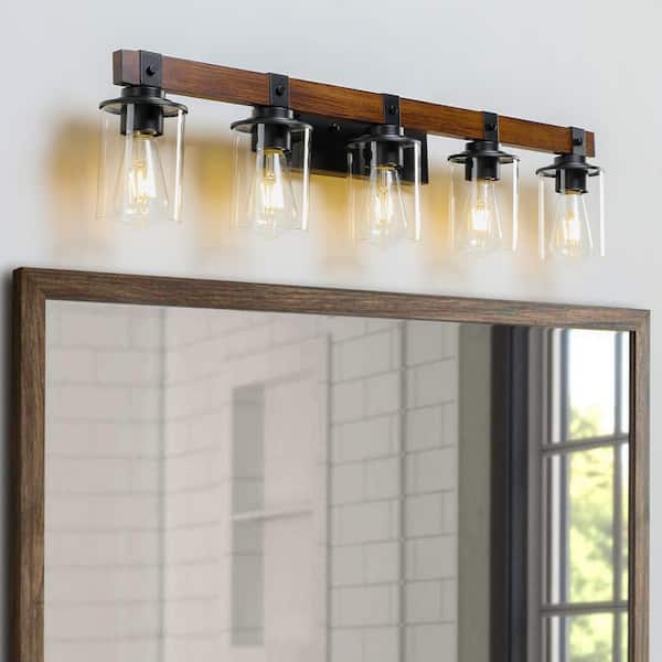 35 in. 5 Light black Grain Finish Vanity Light Fixture Bathroom Over Mirror Wall Lights Clear Glass Shades Living Room