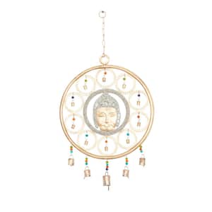 27 in. Gold Metal Buddha Indoor Outdoor Embellished Windchime with Glass Beads and Bells
