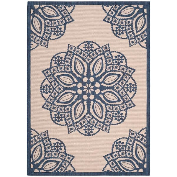 Courtyard Beige/Navy 8 ft. x 11 ft. Border Indoor/Outdoor Patio  Area Rug