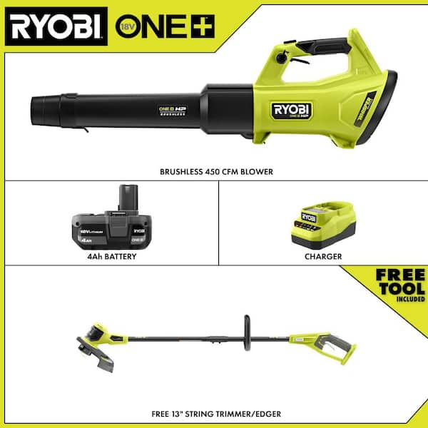 ONE+ HP 18V Brushless 450 CFM Cordless Leaf Blower w/ 4.0 Ah Battery, Charger, & FREE ONE+ 18V 13 in. String Trimmer