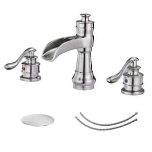 8 in. Waterfall Widespread 2-Handle Bathroom Faucet With Pop-up Drain Assembly in Spot Resist Brushed Nickel