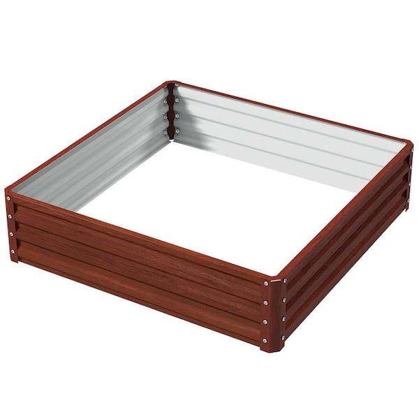 4' x 4' x 1'Natural Wood Steel Galvanized Raised Garden Bed, Elevated Planter Box for Growing Flowers, Herbs