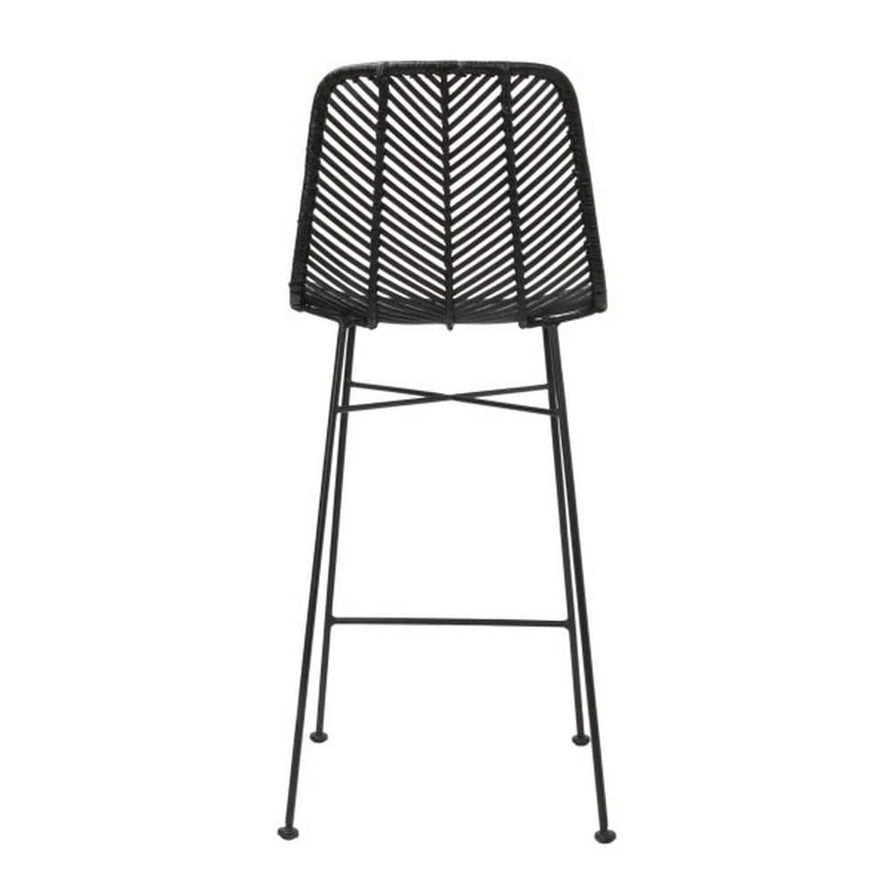 Tropical Chic Black Rattan and Metal High-Back Bar Stool