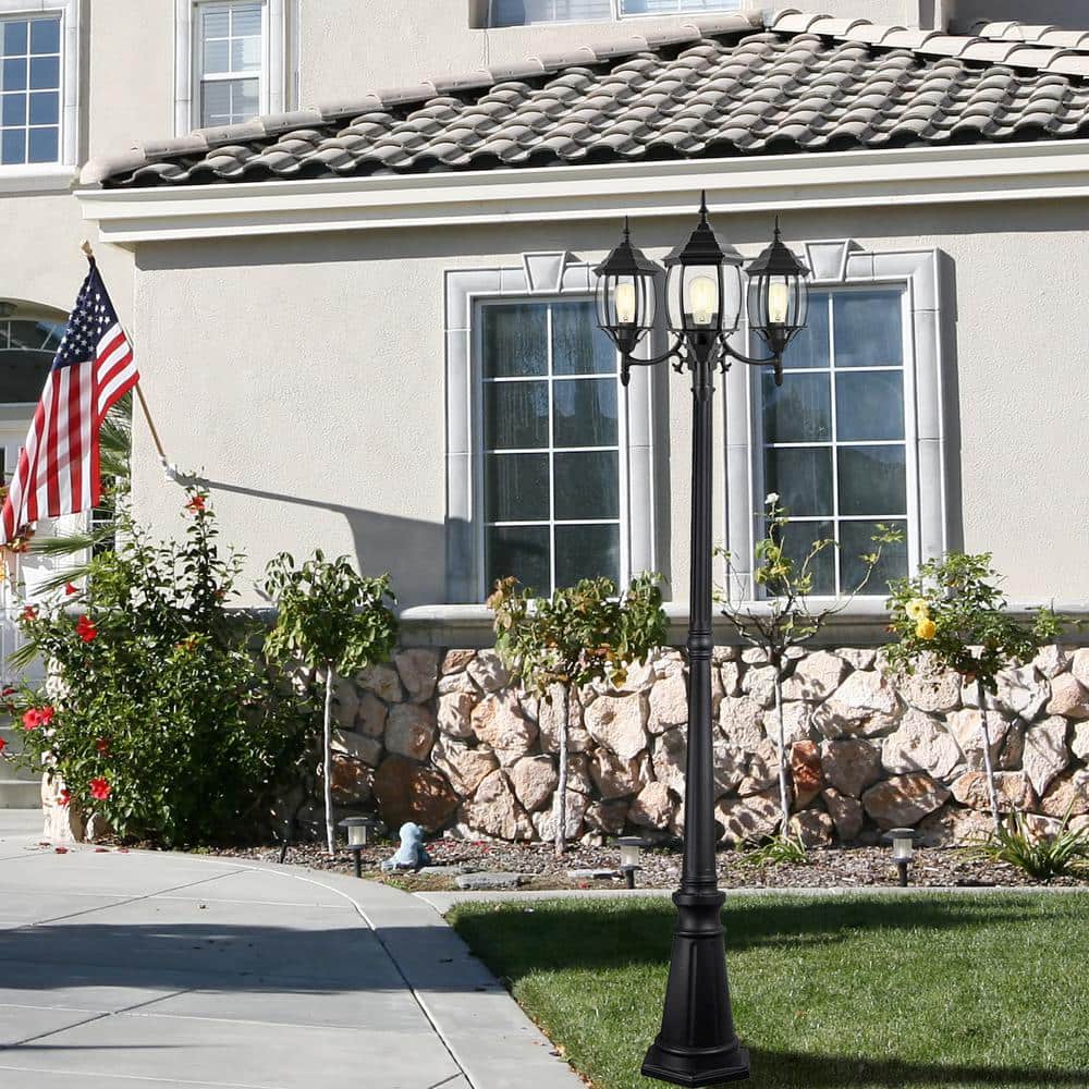 Matte Black 3-Light Outdoor Lamp Post with Clear Glass