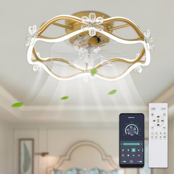Bella Depot 19 in. Indoor Gold Low Profile Bedroom Ceiling Fan with Dimmable Light and Remote Flower Design Ceiling Light