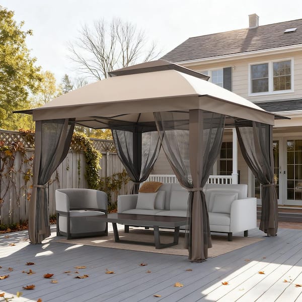 LATTOY 11 ft. x 11 ft. Pro Series Outdoor Instant Canopy Shelter Tent with Mosquito Netting Metal Frame Storage Bag, Beige