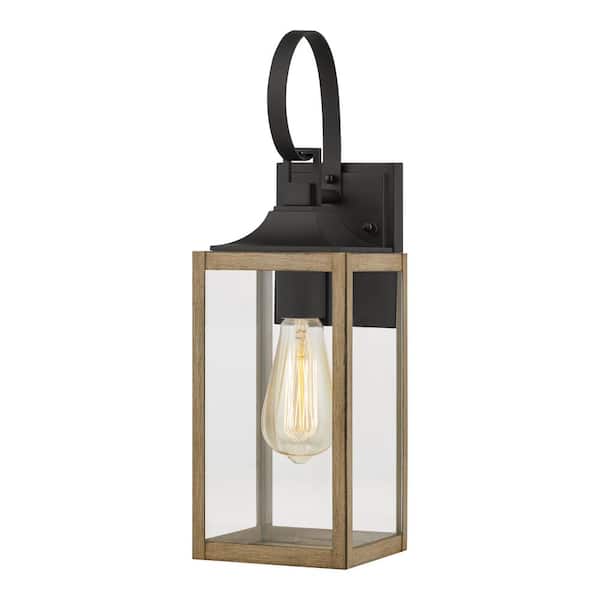Home Decorators Collection Havenridge 16.6 in. 1-Light Gray Wood Hardwired Outdoor Wall Light Lantern Sconce with Clear Glass (1-Pack)