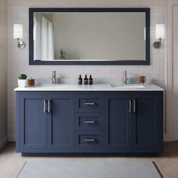 Miranda 72 in. W Double Bath Vanity in Dark Blue with Marble Vanity Top in White Carrara with White Basins