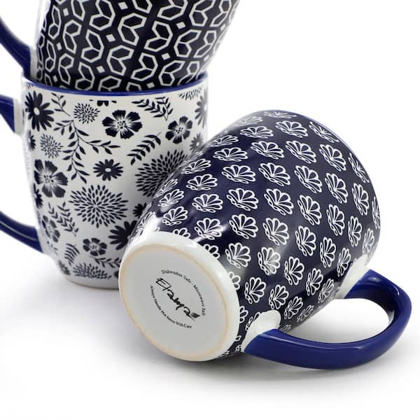 Elama Flyn 6 Piece 16 Ounce Assorted Design Stoneware Mug Set in Navy Blue and White