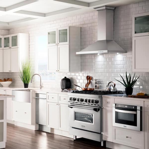 36 in. Stainless Steel Package with 6-Burner Range, Range Hood, Dishwasher, Microwave, and French Door Refrigerator