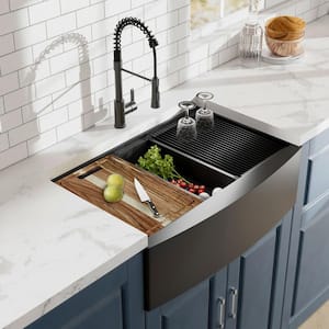 33 in. Farmhouse/Apron-Front Single Bowl 18 Gauge Black Stainless Steel Workstation Kitchen Sink with Spring Neck Faucet