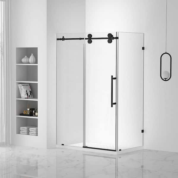 Sartodoors 60 in. W x 74.25 in. H Sliding Frameless Corner Shower Enclosure in Black