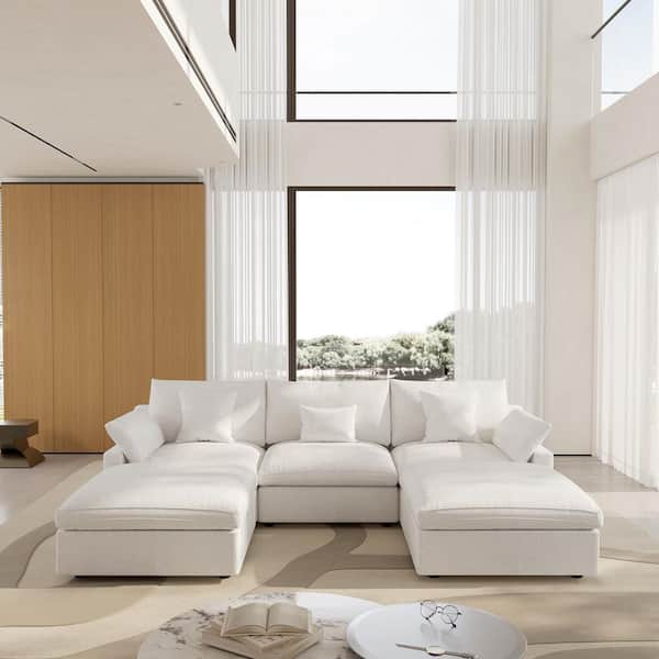119.2 in. Square Arm 5-Piece Linen U-Shaped Down Feather Modular Free Combination Sectional Sofa with Ottoman in White