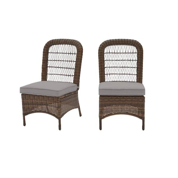 Hampton Bay Beacon Park Brown Wicker Outdoor Patio Armless Dining Chair with CushionGuard Stone Gray Cushions (2-Pack)