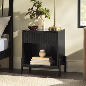 1-Drawer Black Wood and Metal Modern Reeded Nightstand with Exposed Legs