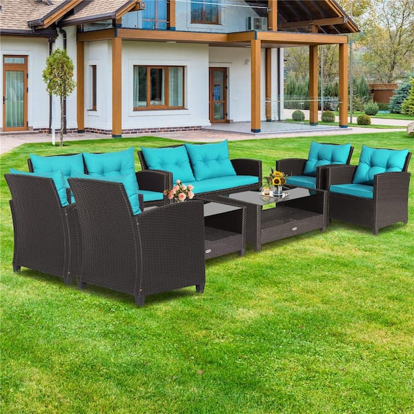 8 -Piece Patio Rattan Furniture Set Glass Table Shelf Sofa Cushion Turquoise