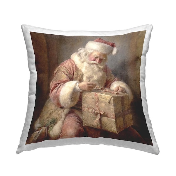Stupell Industries Vintage Santa Wrapping Gift Brown Print Polyester 18in. X 18in. Throw Pillow