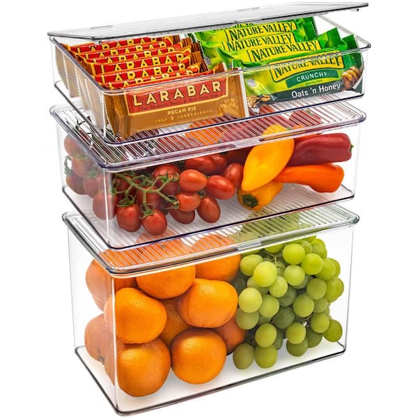 3 Pack Clear Plastic Storage Bins with deviders and Lids for fridge and Pantry Stackable organizer set