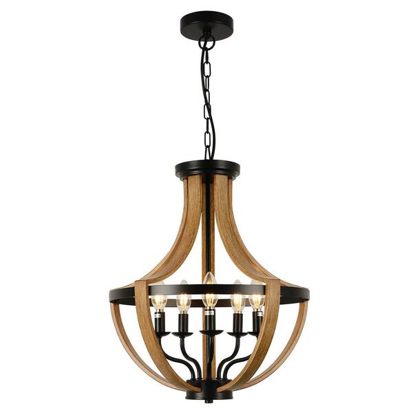 SEEUTEK Milvin 5-Light Wood Farmhouse Kitchen Island Curve Chandelier for Living Room with No Bulbs Included