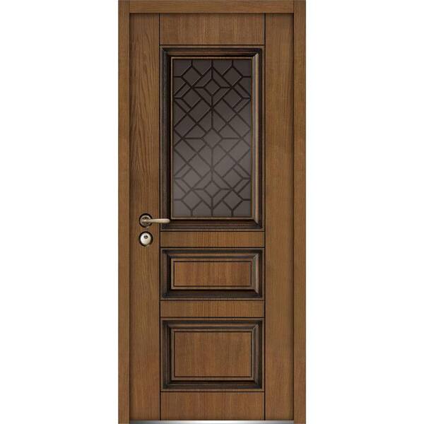 VDOMDOORS 36 in. x 80 in. 2 Panels Right-Hand/Inswing 1 Lite Tinted Glass Brown Finished Steel Prehung Front Door with Handle