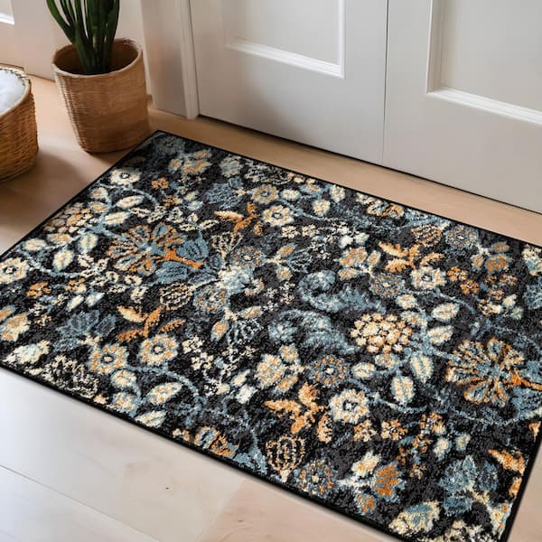 Symmetrical Floral Black 2' x 3' Area Rug
