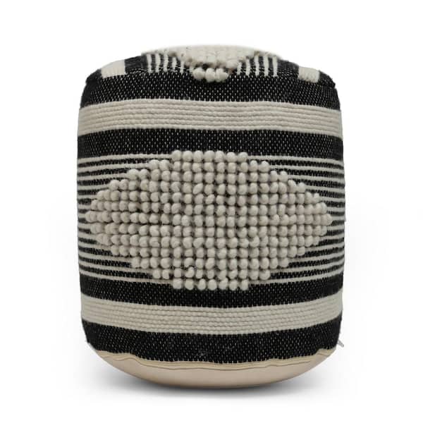 Noble House Volney White and Black Cylinder Pouf