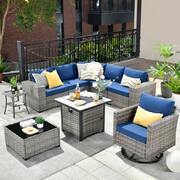 Metis 9-Piece Wicker Outdoor Patio Fire Pit Sectional Sofa Set and with Navy Blue Cushions and Swivel Rocking Chairs