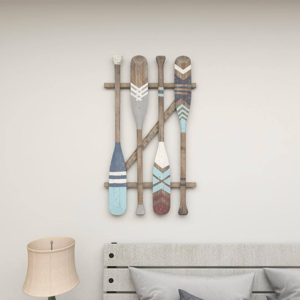 Brown and Blue Fir Wood Canoe Oar Wall Decor