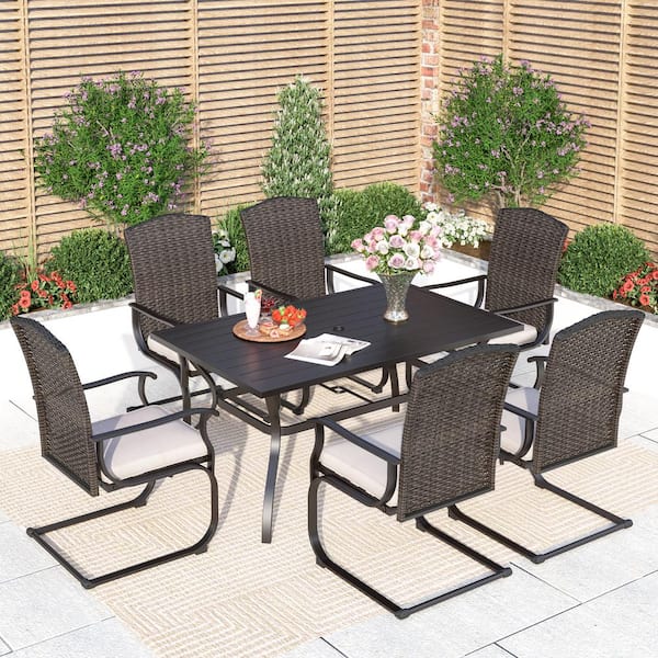 PHI VILLA Black 7-Piece Metal Patio Outdoor Dining Set with Slat Table and Rattan Chairs with Beige Cushion