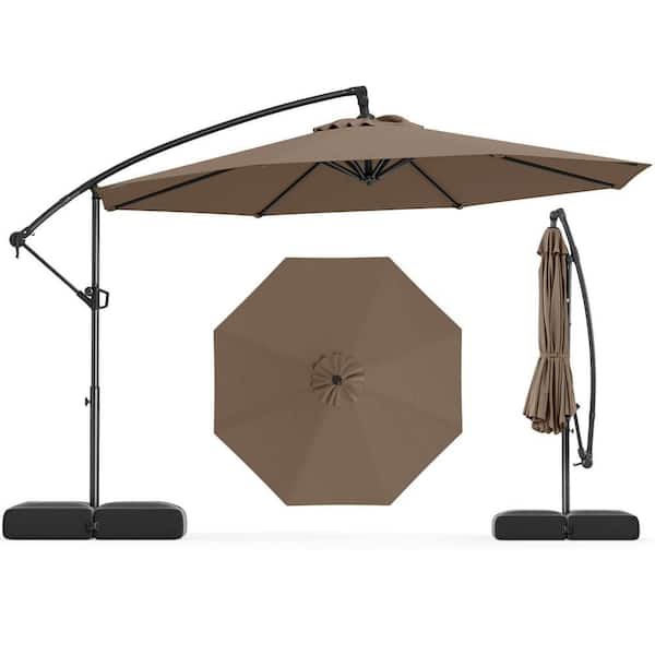 Costway 10 ft. Metal Tilt Cantilever Patio Umbrella Offset Hanging Umbrella with Base 360° Rotation in Brown