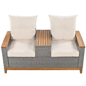 Adjustable Wicker Outdoor Arm Chaise Lounge with Beige Cushions and Storage Space